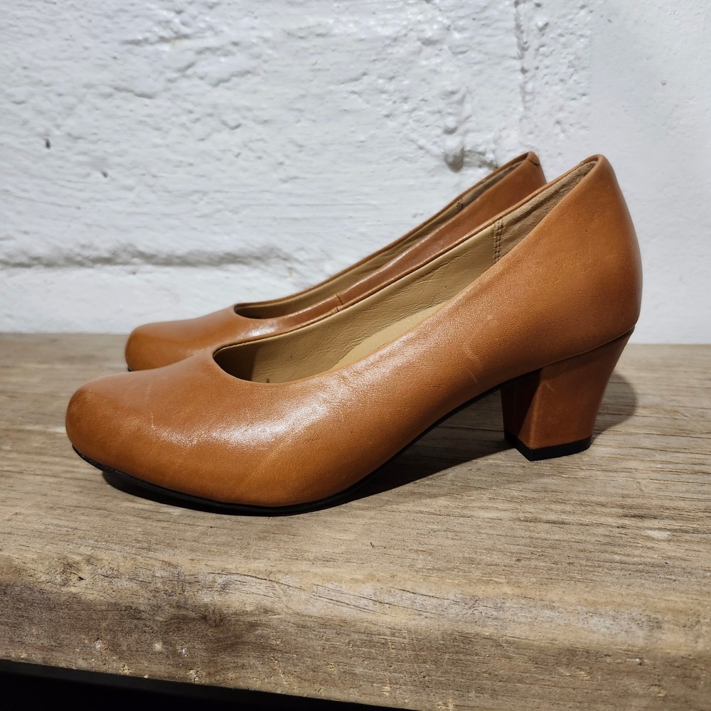 Hotter Angelica Tan Leather Block Heel Pumps Comfort Concept Round Toe Size 5.5
